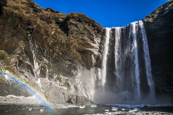 Wodospad Skogafoss Islandii Słynnych Atrakcji Turystycznym Krajobraz Przyrody Islandzkiej South — Zdjęcie stockowe