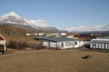 İzlanda çiftlikleri ve evler. İzlanda'daki güzel doğa, kırsal. İzlanda'daki destansı ve görkemli landsacapes. 