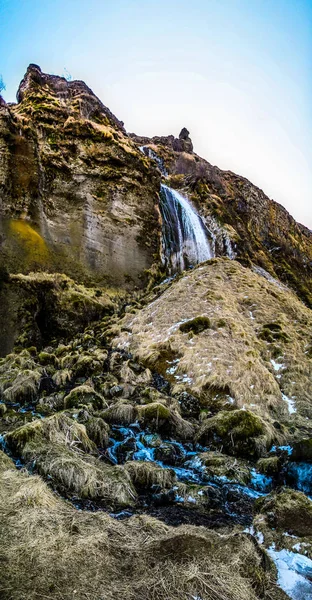 Piękny Seljalandsfoss Islandii Okresie Zimowym Mrożone Piękny Wodospad Seljalandsfoss Pod — Zdjęcie stockowe