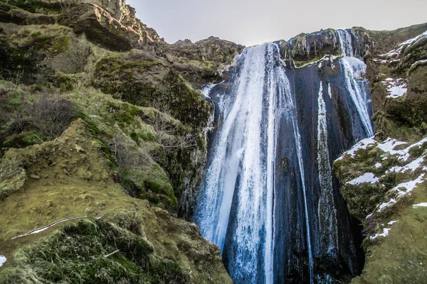 Bela Seljalandsfoss Islândia Durante Inverno Frozen Bela Cachoeira Seljalandsfoss Sob — Fotografia de Stock