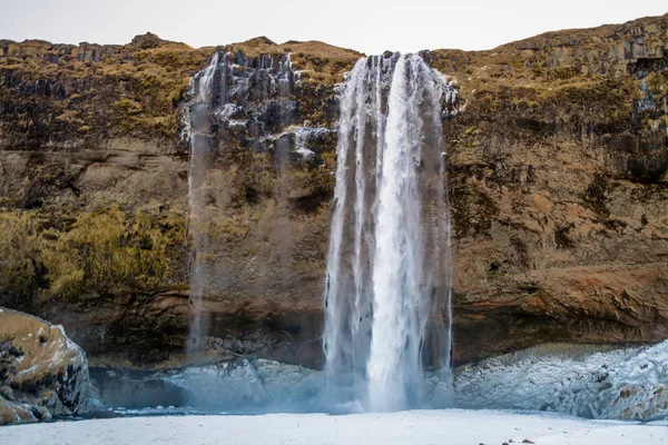 Beautiful Seljalandsfoss Iceland Winter Frozen Beautiful Waterfall Seljalandsfoss Sunrise Lights — Stock Photo, Image