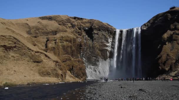 アイスランドの滝スコウガ滝 南アイスランドのアイスランドの自然風景の中の有名な観光スポットやランドマークの地 冬の滝の虹 — ストック動画
