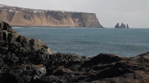 Praia Areia Preta Islândia Perto Vik Dyrholaey Reynisfjara Beach Rochas — Vídeo de Stock
