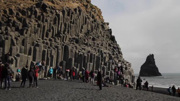 冰岛的黑色沙滩 Vik Dyrholaey Reynisfjara 海洋海滩上的岩石和悬崖 冰岛南海岸的一个热门景点 — 图库视频影像