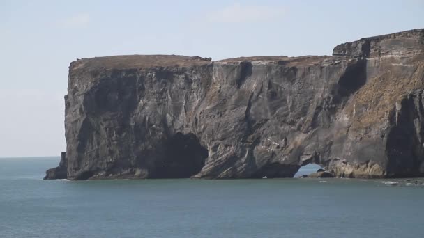 冰岛的黑色沙滩 Vik Dyrholaey Reynisfjara 海洋海滩上的岩石和悬崖 冰岛南海岸的一个热门景点 — 图库视频影像