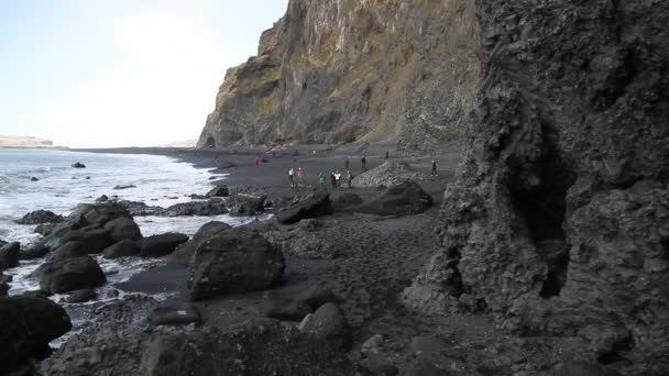 冰岛的黑色沙滩 Vik Dyrholaey Reynisfjara 海洋海滩上的岩石和悬崖 冰岛南海岸的一个热门景点 — 图库视频影像