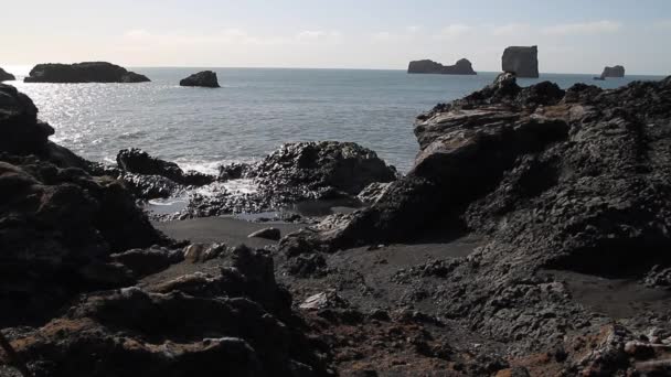 Playa Arena Negra Islandia Cerca Vik Dyrholaey Reynisfjara Beach Rocas — Vídeo de stock