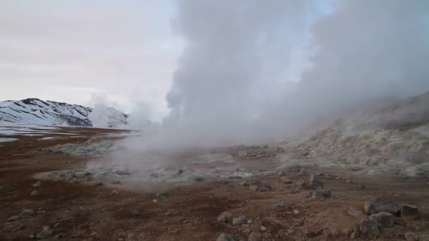 アイスランドのミーバトン湖とアクレイリ付近の北 Hverir で地熱地帯 北東アイスランド 泥ポットが沸騰 地面が色とりどりと割れた アイスランドのミーバトン湖近くの北で Hverarondor Hverir 地熱地域 — ストック動画