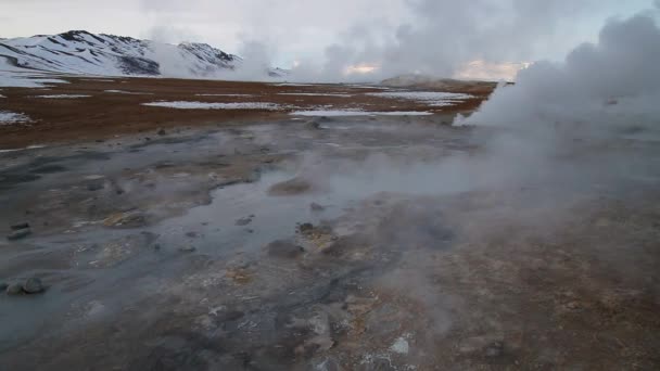 アイスランドのミーバトン湖とアクレイリ付近の北 Hverir で地熱地帯 北東アイスランド 泥ポットが沸騰 地面が色とりどりと割れた アイスランドのミーバトン湖近くの北で Hverarondor Hverir 地熱地域 — ストック動画