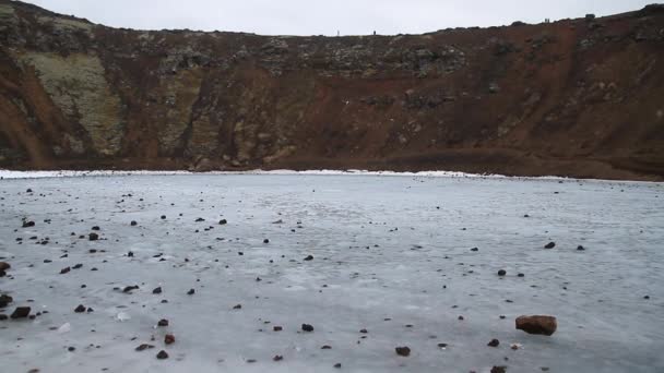 Kerid Volcanic Crater Its Blue Pond Golden Circle Iceland Winter — Stock Video