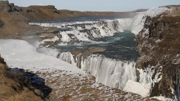 Blick Auf Den Gullfoss Wasserfall Und Winterlandschaft Der Wintersaison Der — Stockvideo