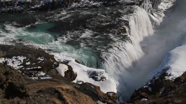 Gullfoss Vattenfallet Visa Och Vintern Lanscape Bild Vintersäsongen Gullfoss Ett — Stockvideo