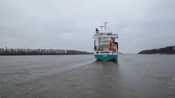 Utsikt Hamburg Gammel Tysk Lasteskip Elbe Gamle Kaier Bygninger Havnen – stockvideo