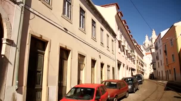 Widok Mijania Tramwaju Lizbonie Portugalia Lizbona Stare Piękne Miasto Europie — Wideo stockowe