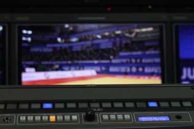 Dış yayın (Ob) - Tv elektronik alan üretim. İç obvan Mobil televizyon istasyonu kamera kontrol modülü yayın. OB van içinde el denetleyicisi video ve ses Tv Canlı'yayın için çalışma kadar kapatın.
