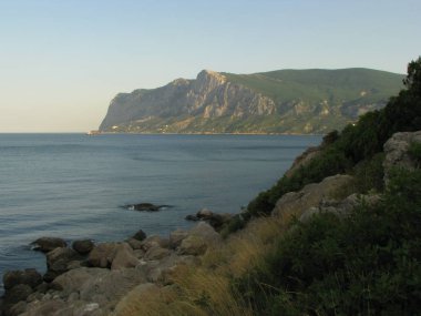 Crimea doğa. Harika manzara, dağlar, Karadeniz kıyısında çam ağaçları ile ve renkli. Doğa manzara Kırım'güzellik.