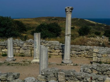 Sevastopol, Crimea antik Chersonesos kalıntıları. Karadeniz kıyısında pitoresk manzara. Hersones - Antik Yunanistan yerleşim Kırım '. 