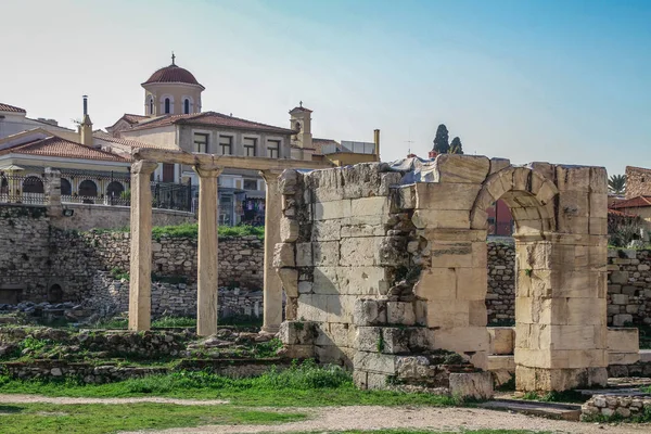 Acropolis of Athens, Greece, with the Parthenon Temple. Famous old Parthenon temple is the main landmark of Athens. View of Odeon of Herodes Atticus, Figures of the Caryatid Porch of the Erechtheion.