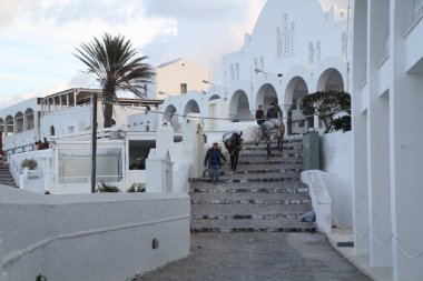 Santorini, Yunanistan. Şaşırtıcı Santorini doğa görünümünü, Santorini, Geleneksel Kikladik Santorini evleri, Oia Köyü, Fira, volkan caldera. Geleneksel ve ünlü Kiklad evleri ve kiliseleri Caldera, Ege Denizi üzerinde mavi kubbeler ile.