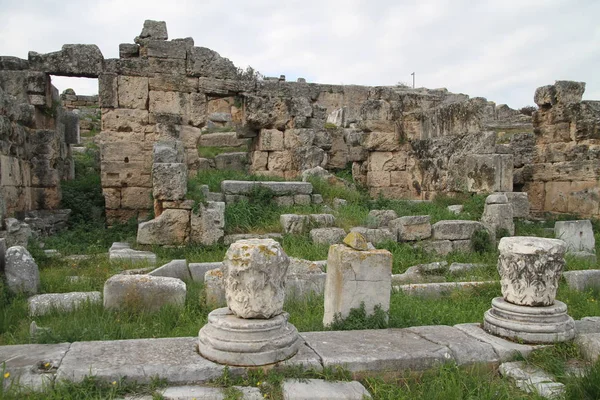 Ruins of Ancient Corinth in Peloponnese, Greece. Archaeology background, Temple of Apollo (6th c. B.C.) in Ancient Corinth, Ancient Greece.