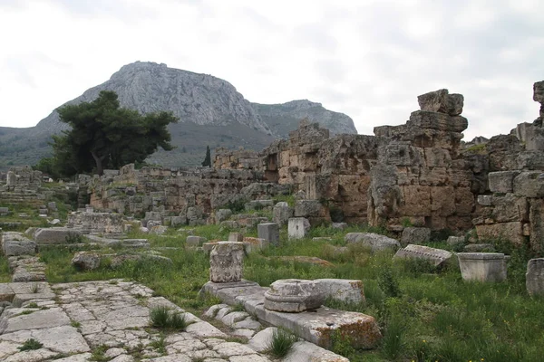 Romjai Ősi Corinth Peloponnese Görögország Régészet Háttér Apollón Templom Ókori — Stock Fotó