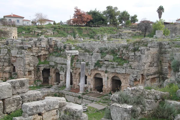 Ruinas Antigua Corinto Peloponeso Grecia Antecedentes Arqueológicos Templo Apolo Antigua —  Fotos de Stock
