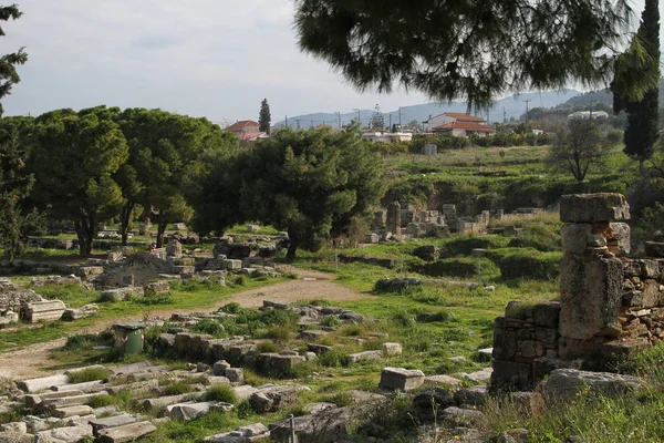 ペロポネソス半島 ギリシャのコリントスの遺跡 考古学の背景 アポロ神殿 紀元前 古代ギリシャ古代コリントス — ストック写真