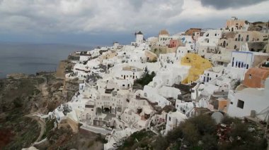 Santorini, Yunanistan. Şaşırtıcı Santorini doğa görünümünü, Santorini, Geleneksel Kikladik Santorini evleri, Oia Köyü, Fira, volkan caldera. 