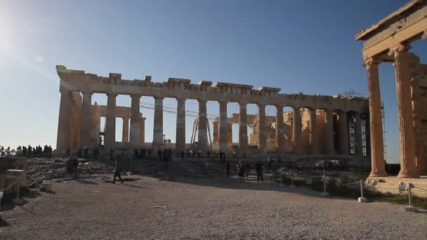 Akropolisz Athén Görögország Parthenon Templom Híres Régi Parthenon Templom Tornyával — Stock videók
