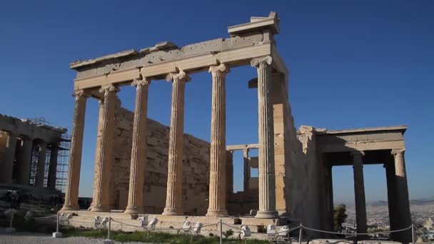 Akropolisz Athén Görögország Parthenon Templom Híres Régi Parthenon Templom Tornyával — Stock videók