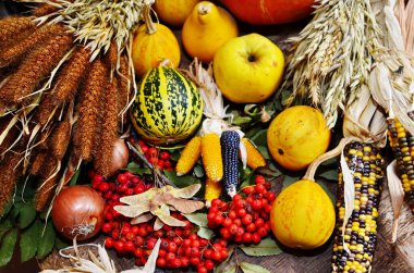 Kırsal ahşap masa üzerinde sonbahar meyveleri ve sukabakları olan hasat ya da Şükran Günü arkaplanı