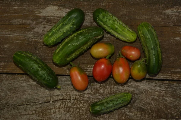 Légumes Frais Sur Fond Bois Tomates Concombres Sur Fond Bois — Photo