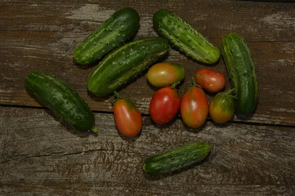 Légumes Frais Sur Fond Bois Tomates Concombres Sur Fond Bois — Photo