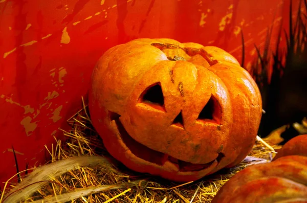 Jack Lantern Halloween Kürbis Spinnen Netz Und Rituelle Kürbisfiguren — Stockfoto