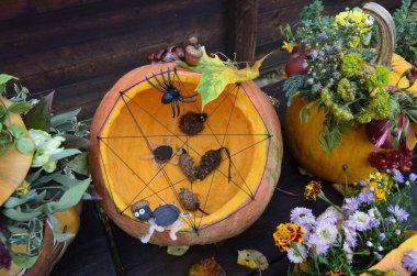Jack O Lantern Halloween Pumpkin, Spiders on the Net and Ritual Pumpkin Figures clipart