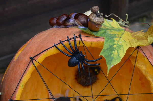 Jack Lantern Halloween Kürbis Spinnen Netz Und Rituelle Kürbisfiguren — Stockfoto