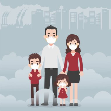 İnsanlar koruyucu yüz maskesi karakter tıbbi sağlık giyen kavramı, fabrika borular arka plan üzerinde duman yayan iyi bak. İnce toz, Pm 2.5, hava kirliliği, endüstriyel duman, kirletici gaz emisyon.