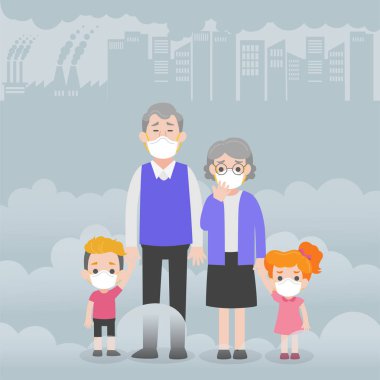 İnsanlar koruyucu yüz maskesi karakter tıbbi sağlık giyen kavramı, fabrika borular arka plan üzerinde duman yayan iyi bak. İnce toz, Pm 2.5, hava kirliliği, endüstriyel duman, kirletici gaz emisyon.