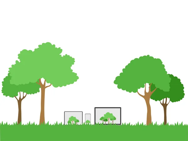 緑色の影のペーパーレスゴーグリーンの白いディスプレイ上のデバイスガジェットの木のセットは 緑の概念 タブレット コンピュータ ペーパーレスアイデアの概念的なデザインは緑に行く 地球を保存し フラットベクトル — ストックベクタ