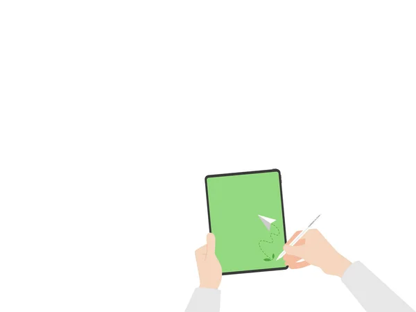 Mãos Segurar Tablet Ler Escrever Mosca Árvore Foguete Exibição Verde — Vetor de Stock