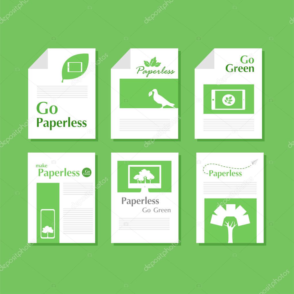Set of white paper document of green paperless go green logo concept, leaf, tree, tablet, phone, computer, Paper rocket fly ,paperless idea conceptual design go green, save the planet, flat vector.