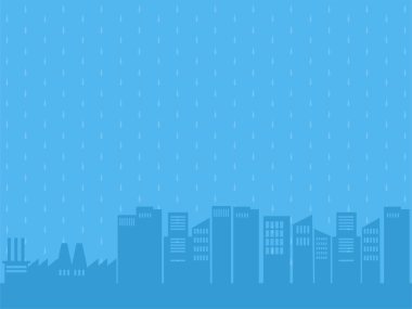 Görünümü yağmurlu gün modern şehir manzara, lacivert şehir arka plan, bulut, binalar, yağış, Rainy sezon Sağlık kavramı, Cartoon Flat vektör tasarımı