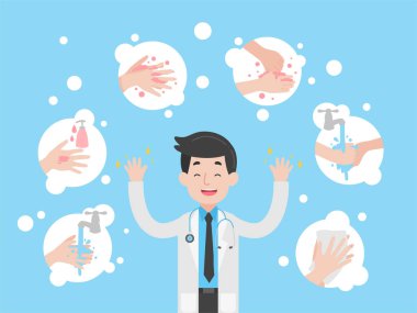 Adım adım el yıkama grafikleri Doktor Karakteri Sağlık Hizmetleri konsepti yıkama, açık mavi arka planda kuru el simgeleri durulama