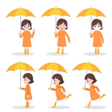 Sarı şemsiye çalıştırmak tutan turuncu yağmurluk giyen Sevimli kız Seti, Foots ısırık Tıbbi Sağlık kavramı, Cartoon Flat vektör