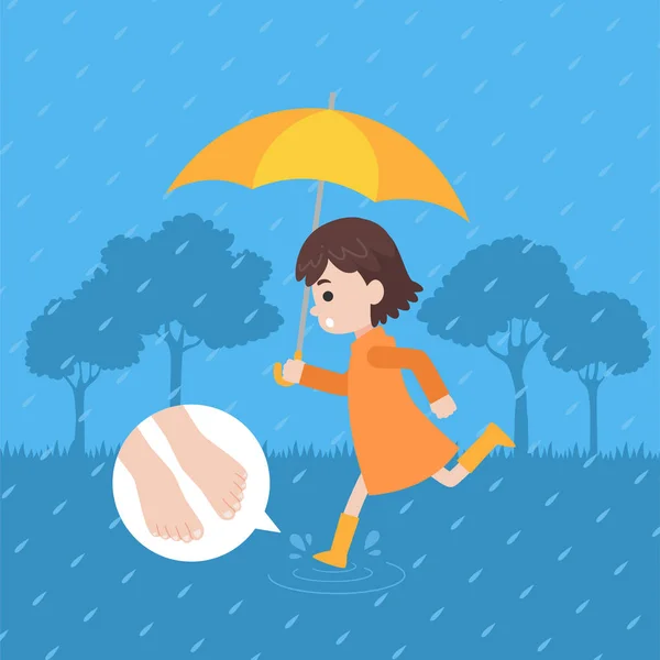 Roztomilá Dívka Oranžovém Plášti Deštným Deštníkem Který Prochází Deštěm Foots — Stockový vektor