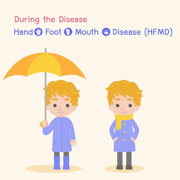 病気の間に 感染し 健康な子供たちは 赤ちゃんの男の子は 水疱の足の口の病気 雨や寒い季節のHfmd 医療ヘルスケアの概念 漫画のキャラクターベクトル情報グラフィックを持っています — ストックベクタ