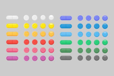 Birkaç renkli Tıp, eczane, tablet, kapsül, etiketleri ile ilaçların hastane seti ayarlayın. İlaç, eczacılık tıbbi sağlık kavramı. Vektör çizimi