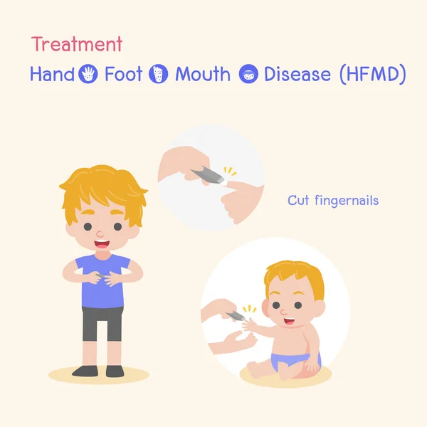 感染した子供 赤ちゃんと子供は足口疾患 医療医療の概念 カット爪 漫画のキャラクターベクトルデザインを持っています — ストックベクタ