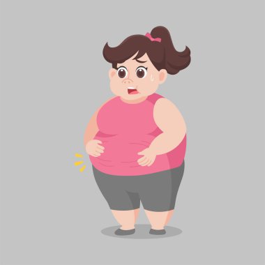 Şişman kadın kilosundan endişe ediyor, üzgün, korkmuş, mutsuz, büyük boy, diyet bozuk çizgi film, kilo vermiş, sağlıklı yaşam tarzı, çizgi film karakteri düz vektör tasarımı..