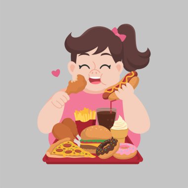 Koca Şişko Mutlu kadın fast food, abur cubur, tavuk budu, pizza, donut, patates kızartması, hamburger, dondurma, kola, hot dog, sağlıksız çizgi film, diyet, sağlık sigortası konsepti